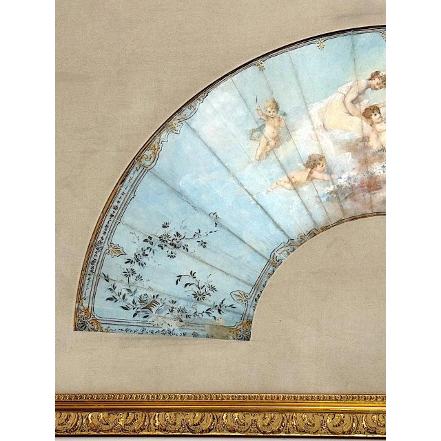 Baby Blue Antique French Louis XV Period Hand Painted Pale Blue Fan in Gilt Frame With Angels and Cherubs For Sale - Image 8 of 13
