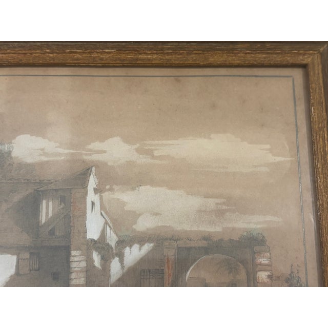19th Century European Sepia Wash Architectural Landscape Drawing in Pencil & Chalk, Framed For Sale - Image 13 of 16