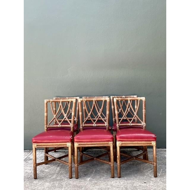Late 20th Century Vintage McGuire Rattan Cross Hatch Dining Chairs - Set of 6 For Sale - Image 5 of 12