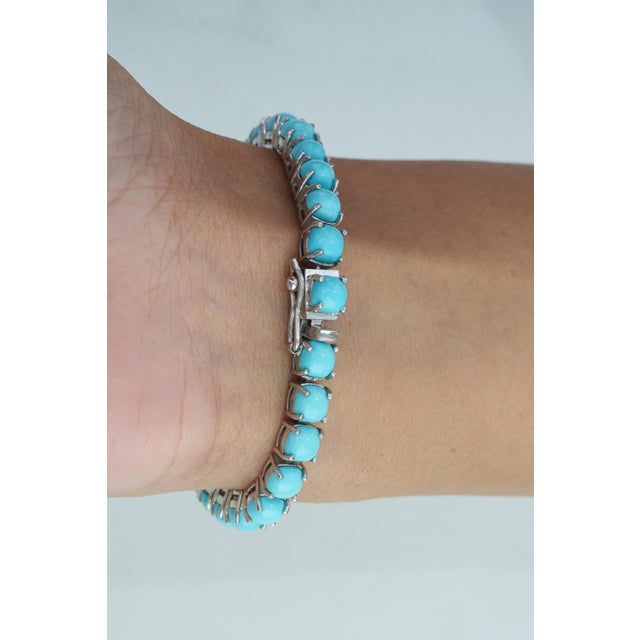 Cushion Cut 18.1 Ct Turquoise Prong Set Tennis Bracelet in 925 Sterling Silver For Sale - Image 6 of 12