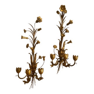 Vintage Italian Gilt Tole and Wood Three-Light Candle Sconces- Pair For Sale