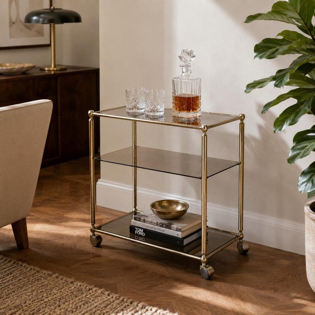Italian Brass and Smoked Glass 3-Tier Bar Cart, 1970s For Sale - Image 6 of 9