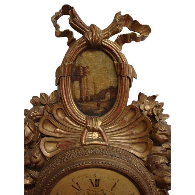 18th Century French Louis XVI Carved Giltwood Wall Clock With Oval Painting For Sale In Dallas - Image 6 of 9