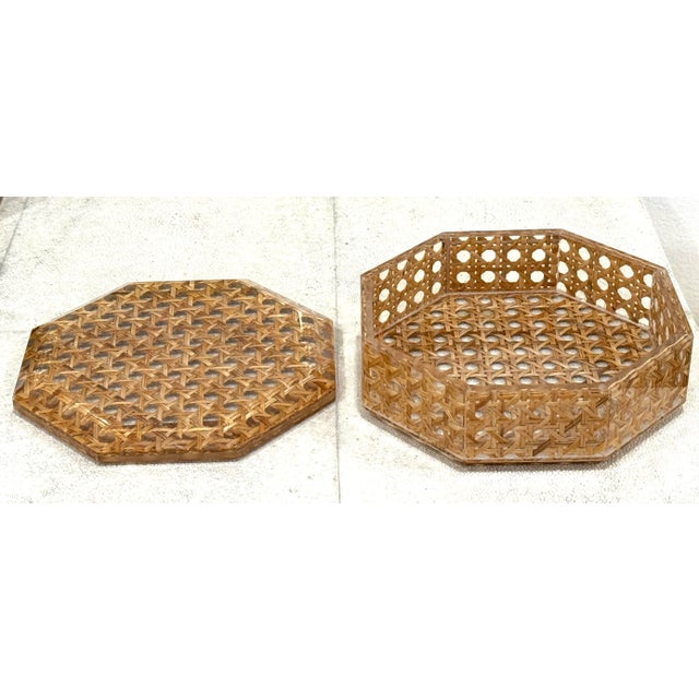 Italian Dior Style Lucite Caning Rattan Octagonal Box For Sale - Image 9 of 11
