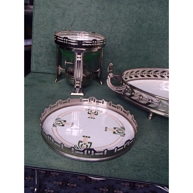 Antique Chrome and Porcelain Teapot Warmer, Serving Tray, and Stand, Set of 3 For Sale - Image 13 of 18