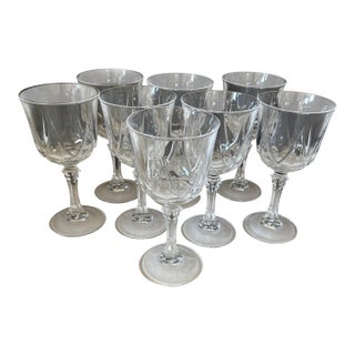 Vintage Faceted Crystal Goblets, Hostess Set of 8, Geometric Cut Stemware, Elegant Wine Glasses, Hollywood Regency Barware For Sale