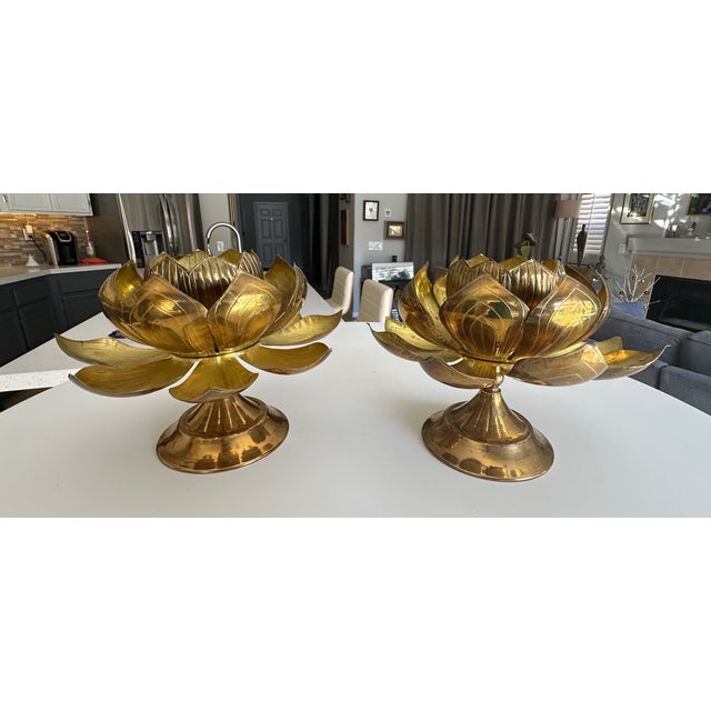Large Pair Brass Lotus Flower Candleholders Feldman For Sale In Palm Springs - Image 6 of 12