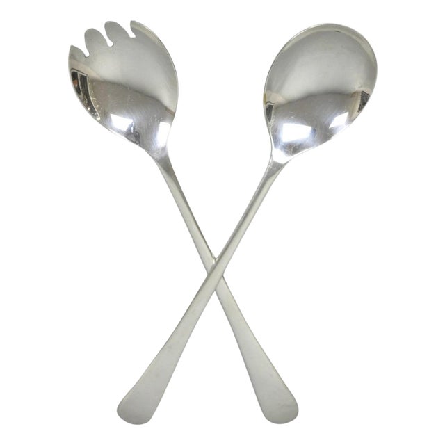 Vintage Sheffield England Modern Silver Plated Salad Serving Set Fork & Spoon For Sale