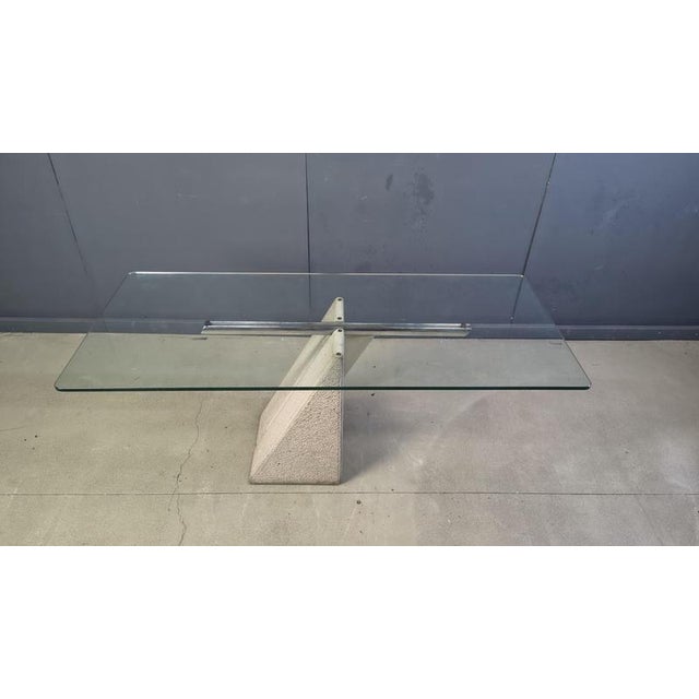 Concrete and chrome dining table with thick clear glass top. Designed by Giovanni Offredi for Saporiti. Good condition...