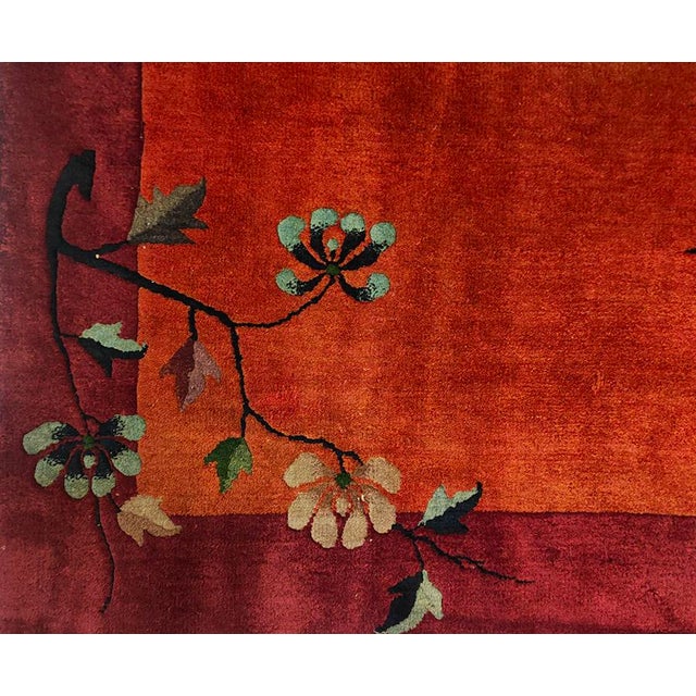 Textile 1920s Antique Red Floral Knotted Wool Chinese Art Deco Small Scatter Rug For Sale - Image 7 of 9