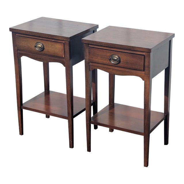 Dixie Vintage Mid Century Federal Style Mahogany Tiered Bedside Table - A Pair For Sale