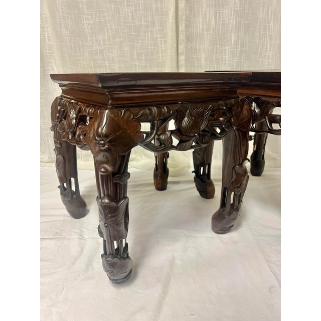 Burnt Umber Vintage Chinoiserie Asian Carved Wood Side Tables Stands With Lotus Flower Design and Marble Top-a Pair For Sale - Image 8 of 12