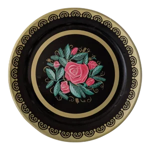 Vintage Handpainted Tole Metal Cabbage Rose Floral Round Tray
