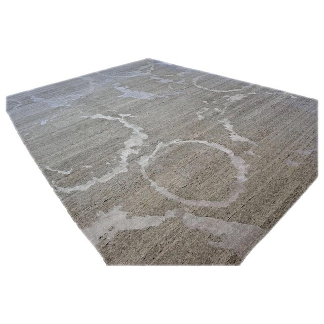 Early 21st Century Nepalese Modern Cryptic Circles Wool & Silk 9x12 Grey & Tan Handmade Area Rug #1142344 For Sale - Image 5 of 7