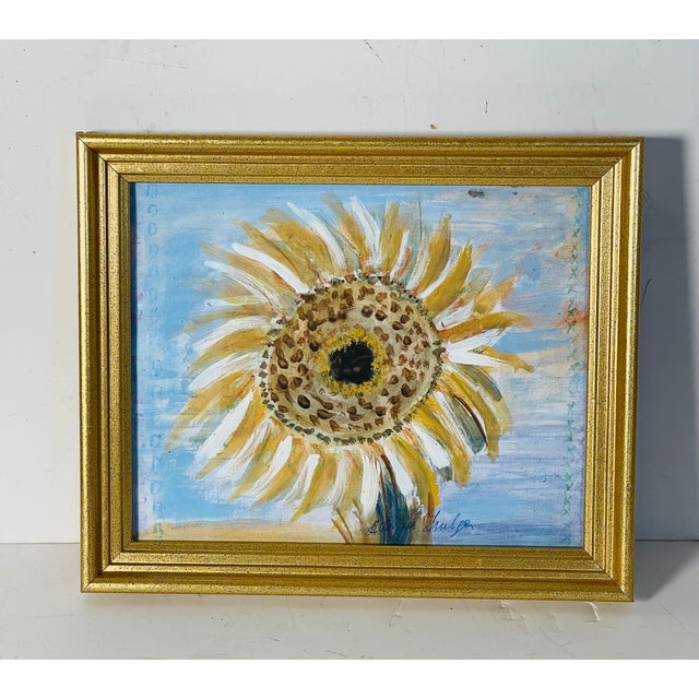1970s Abstract Sunflower Painting Artist Signed in Dark Rustic Frame For Sale - Image 4 of 5
