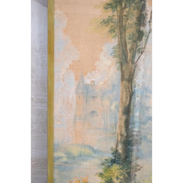 Large mid-20th century painting on canvas depicting a woodland landscape, characterized by tall trees and rich vegetation...