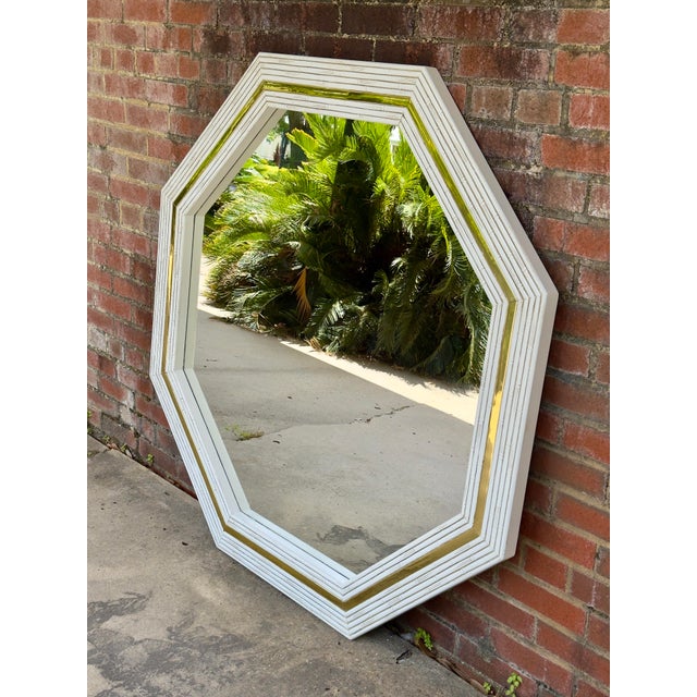 Postmodern 1980’s White Lacquered Faux Bamboo & Brass Hexagonal Wall Mirror -Newly Painted For Sale - Image 3 of 11