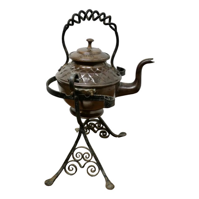 Antique Copper Kettle on Wrought Iron Stand For Sale