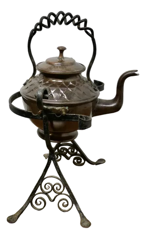 Antique Copper Kettle on Wrought Iron Stand