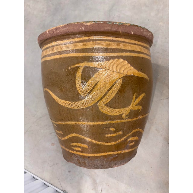 Tan Exceptional Pair Monumental Chinese Dragon Jardinieres Celadon Glaze Chinoiserie Egg Art Pottery Urns With Stand and Glass Top, a Pair For Sale - Image 8 of 12