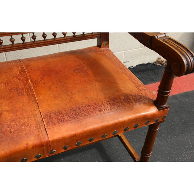 Early 20th Century Spanish Colonial Style Carved Wood and Tooled Leather Long Bench For Sale - Image 17 of 18