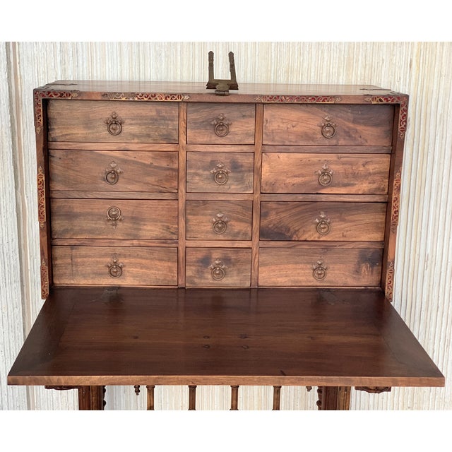 18th Spanish Bargueno of Columns With Foot Bridge, Cabinet on Stand For Sale - Image 4 of 13