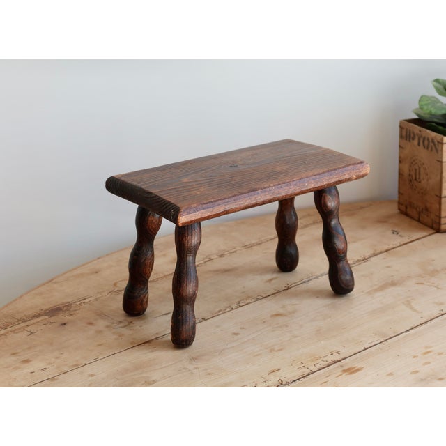 Rustic Vintage Rectangular Stool in Dark Wood with Turned Legs, 1970s For Sale - Image 3 of 8