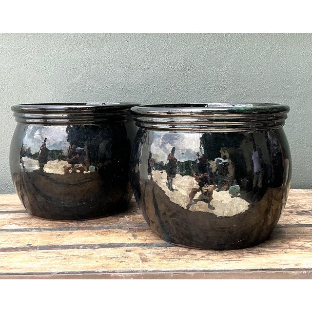 Vintage Ceramic Planters in Black Over Green Glaze - Set of 2 For Sale - Image 14 of 17