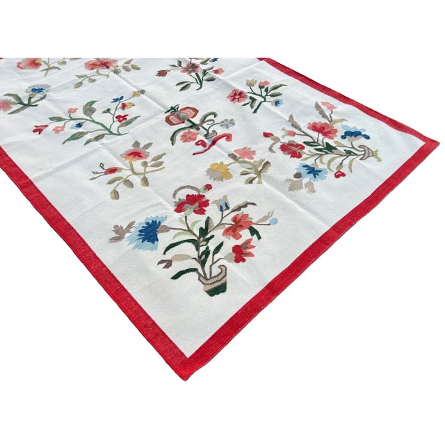 Handmade Cotton Flower Patterned Rug Cream With Blue Green Beige & Red Border -9'x12' For Sale - Image 6 of 11
