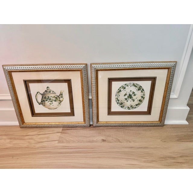 Metal Pair of Carolyn Shores Wright “Aria” Botanical Tea Prints in Custom Windsor Art Silver & Gold Frames, 1994 For Sale - Image 7 of 12