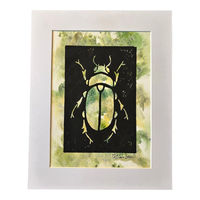 Original Hand-Carved Linocut Print Beetle With Watercolor - Moss Variant For Sale
