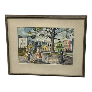 Mid 20th Century Original Sanford Brooks Street Scene Watercolor Painting For Sale