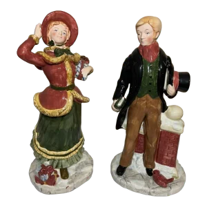 Set of 2 Vintage Large Porcelain Holiday Figurines Victorian Couple Dickens Style Winter Christmas Scene
