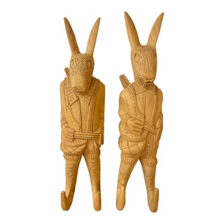 Vintage Hand Carved Wooden Rabbit Wall Hooks, Coat Rack, Pair, Philippines For Sale