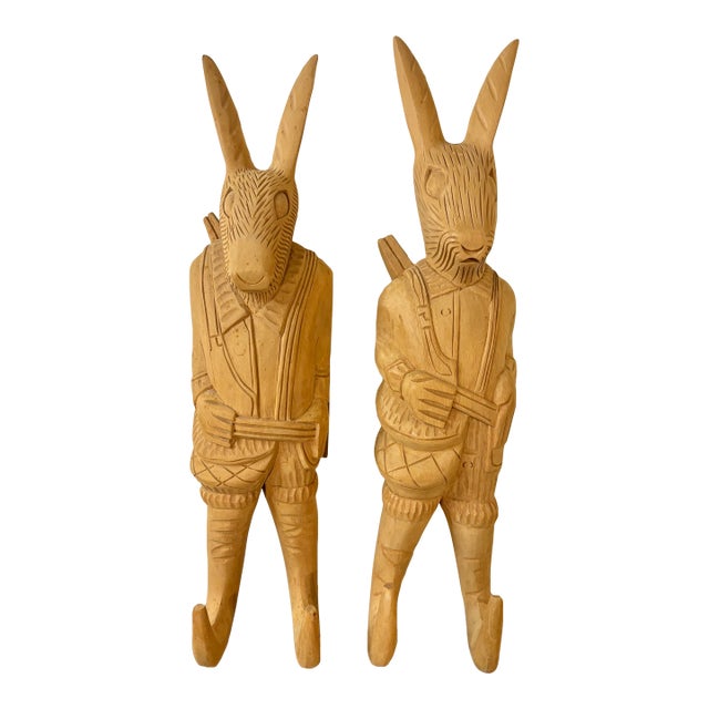 Vintage Hand Carved Wooden Rabbit Wall Hooks, Coat Rack, Pair, Philippines For Sale