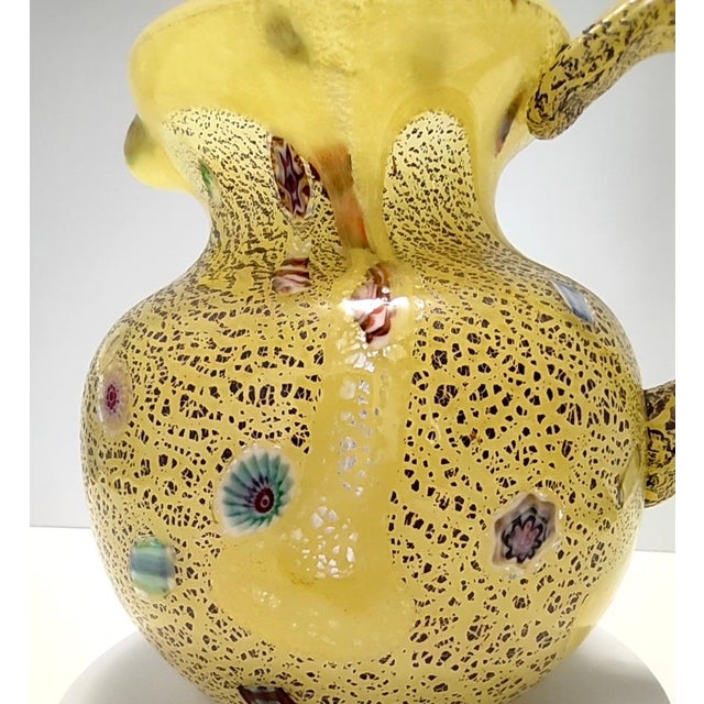 Vintage Yellow Opaline Handblown Glass Jug with Murrines and Silver Flakes, 1980s For Sale - Image 6 of 11