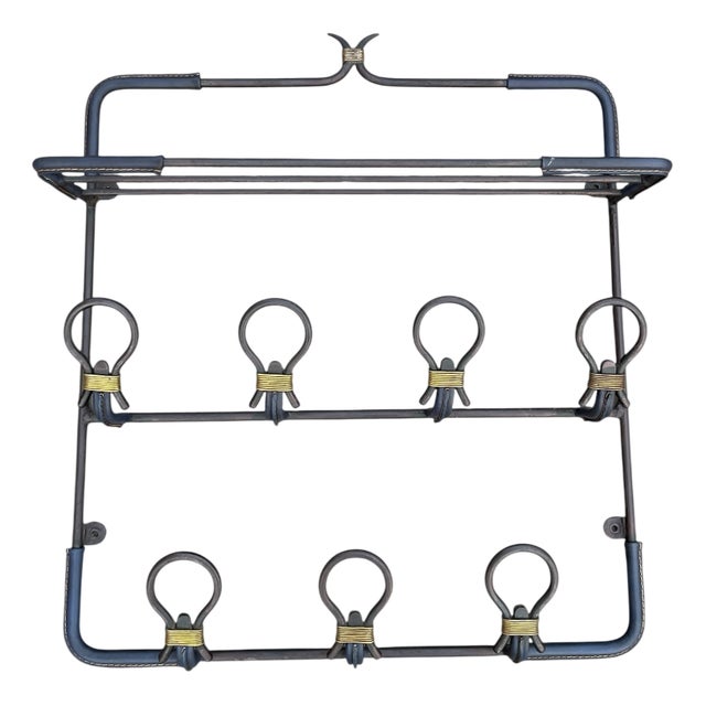 Vintage Stitched Leather Coat Rack by Jacques Adnet, 1950s For Sale