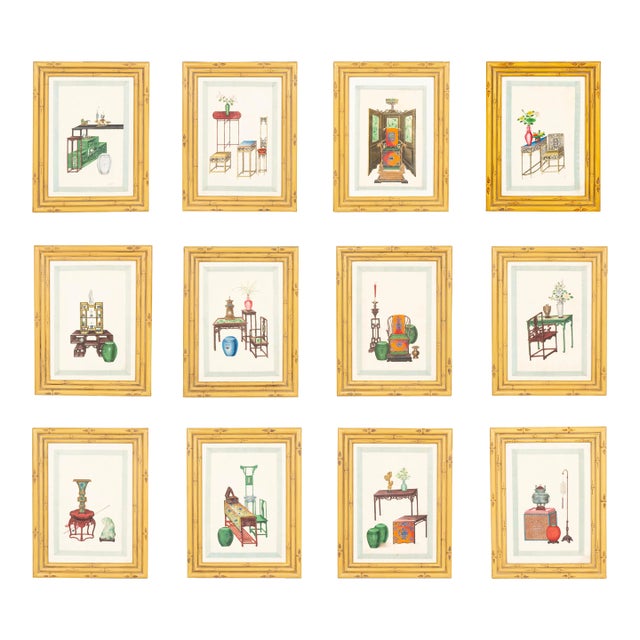 Set of Twelve Chinese Framed Pith Paper Watercolors For Sale