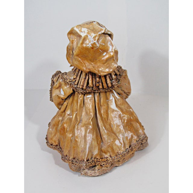 Ceramic Antique Wax-Over Papier-Mâché Bonnet Doll Figure With Ceramic Face, 11” For Sale - Image 7 of 12