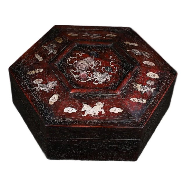 Zitan Wood Hexagonal Box Inlaid With Mother-of-Pearl For Sale