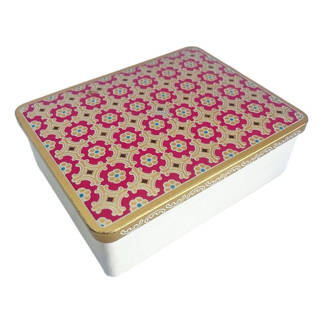 Antique Tin Box With Lid West Germany Embossed Red Gold Cream Blue Geometric For Sale