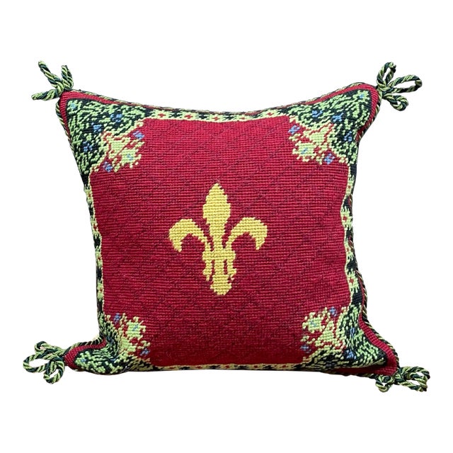 French Style Fleur De Lis Needlepoint Throw Pillow For Sale