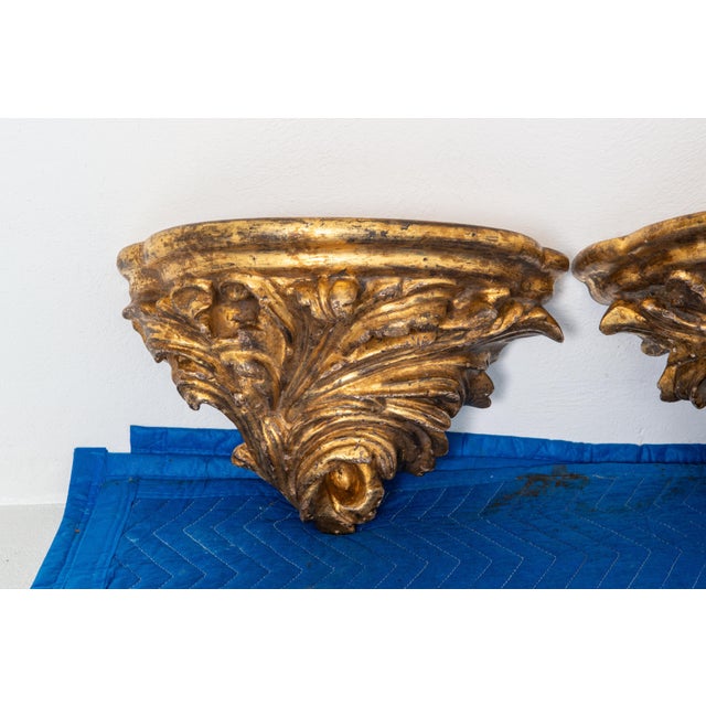 Gold 1920s Baroque Revival Water Gilt Wall Brackets, Carved Wood, Pair For Sale - Image 8 of 13