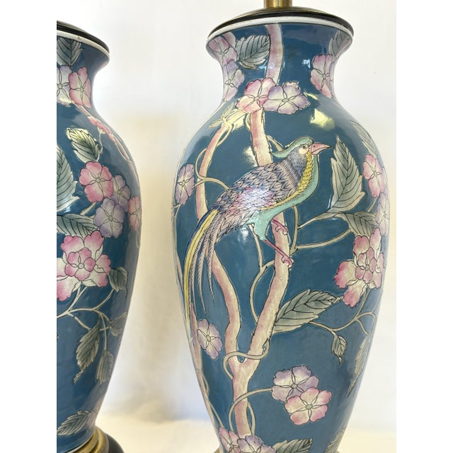 Vintage Frederick Cooper Ceramic Lamps With Exotic Bird Motif- A Pair For Sale - Image 9 of 12
