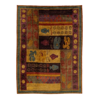 Modern Tibetan Hand-Knotted Wool and Silk Rug With Botanical and Geometric Motif For Sale
