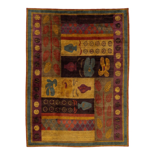 Modern Tibetan Hand-Knotted Wool and Silk Rug With Botanical and Geometric Motif For Sale