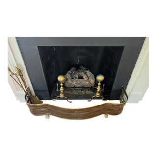 Mid‑Century Brass Pierced Fireplace Fender + Andirons & Tool Set- 6 Pieces For Sale