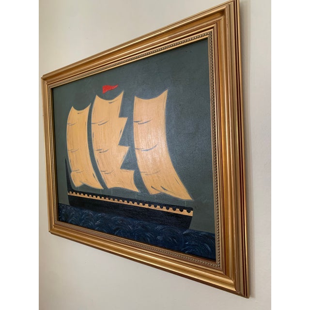 A richly layered maritime scene set against a moody grey-green sky. The dark vessel is rendered in black, providing a...