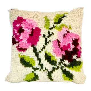 1970s Vintage Boho Chic Folk Art Artisan Pink Flora Hook Pillow For Sale
