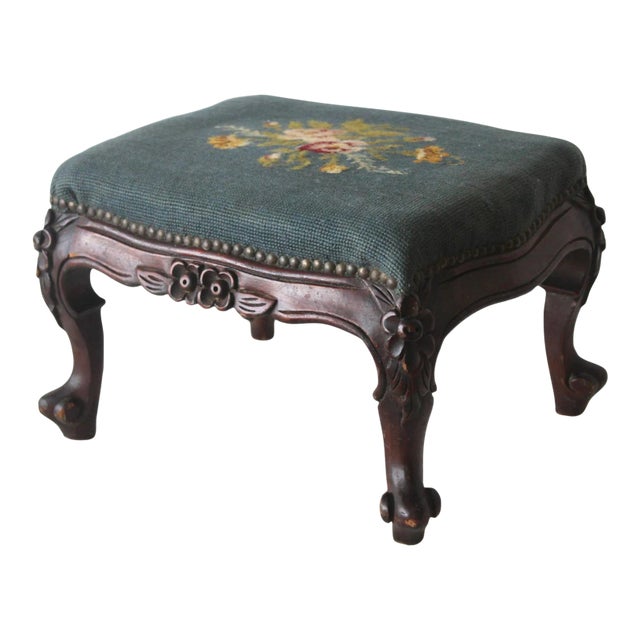 Vintage French Country Louis XV Style Carved Wood Needlepoint Footstool Ottoman Nailhead Detail For Sale
